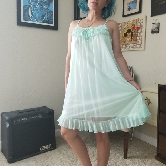Evette Vintage Sheer Seafoam Green Ruffle Nightie - Picture 2 of 8